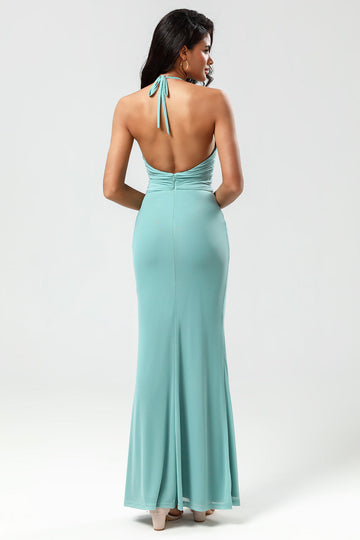 Grass Green Mermaid Halter Long Bridesmaid Dress